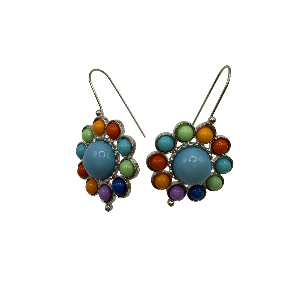 Colorful Boho Rainbow Flower Drop Earrings Silver Tone